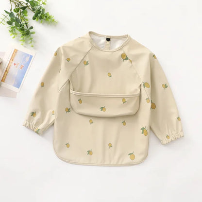 New Children Feeding Aprons Long Sleeve Baby Bib with Pocket Full Cover Kid Gown with Bag Waterproof Long-Sleeve Smock