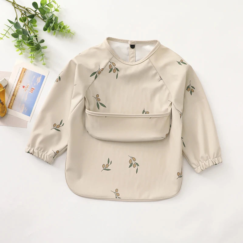 New Children Feeding Aprons Long Sleeve Baby Bib with Pocket Full Cover Kid Gown with Bag Waterproof Long-Sleeve Smock