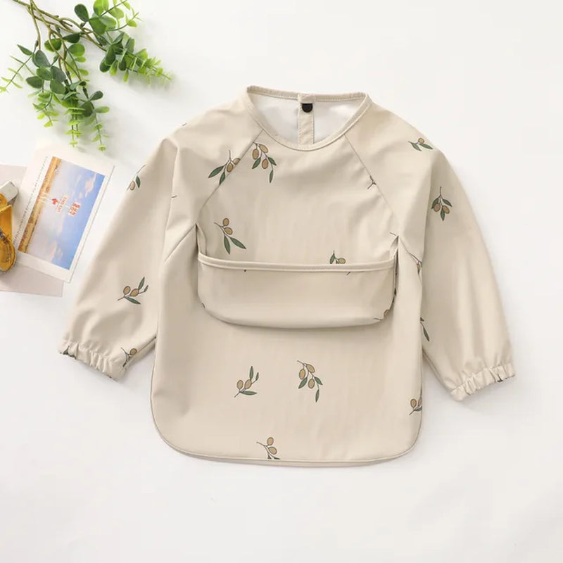 New Children Feeding Aprons Long Sleeve Baby Bib with Pocket Full Cover Kid Gown with Bag Waterproof Long-Sleeve Smock