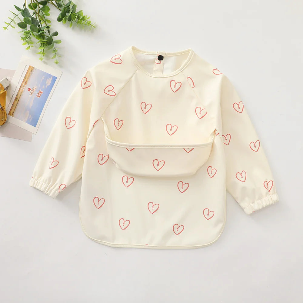 New Children Feeding Aprons Long Sleeve Baby Bib with Pocket Full Cover Kid Gown with Bag Waterproof Long-Sleeve Smock