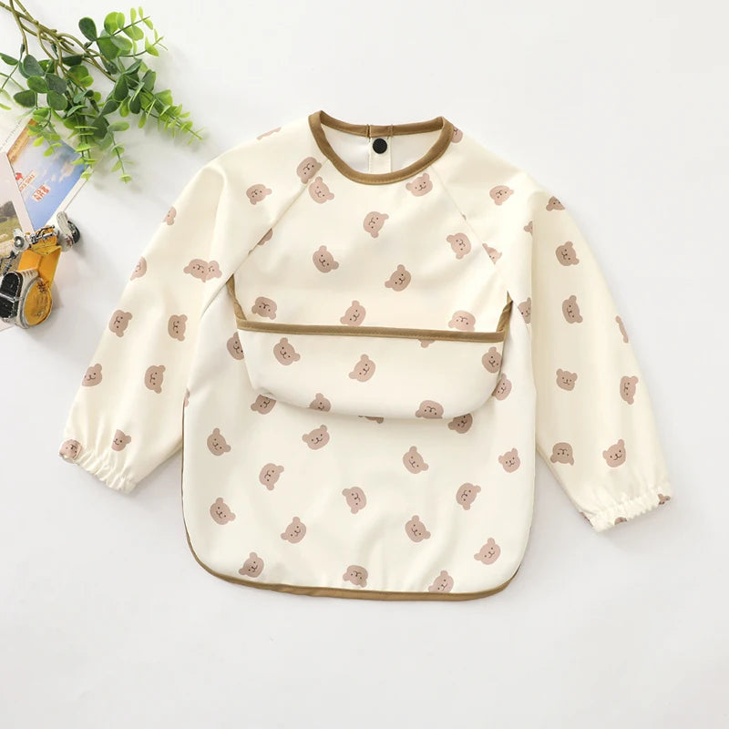 New Children Feeding Aprons Long Sleeve Baby Bib with Pocket Full Cover Kid Gown with Bag Waterproof Long-Sleeve Smock