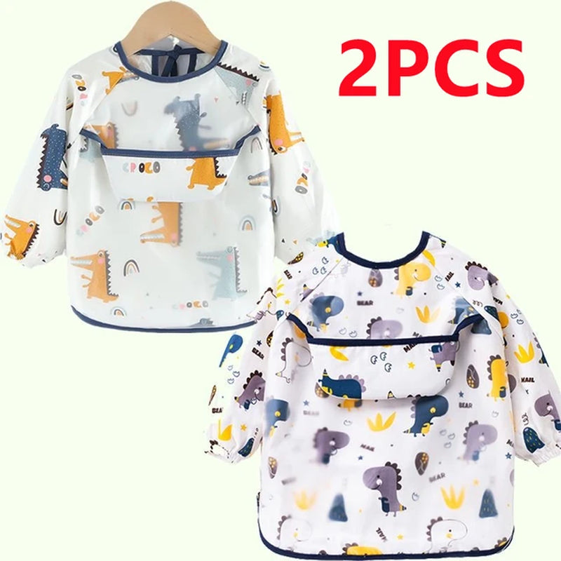 Baby Kids Toddler Long Sleeve Scarf Waterproof Art Smock Feeding Bib Apron Pocket Infant Boys Girls Burp Cloth Bandana Bibs